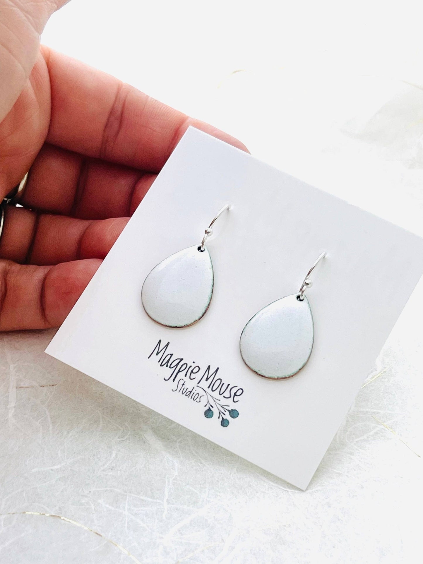 Small Teardrop Earrings, Titanium White Enamel Earrings