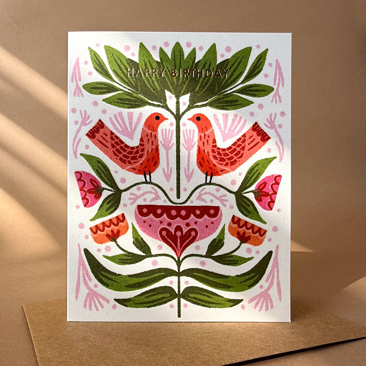 Folk Birthday Birds Birthday Illustrated Gold Foil Card