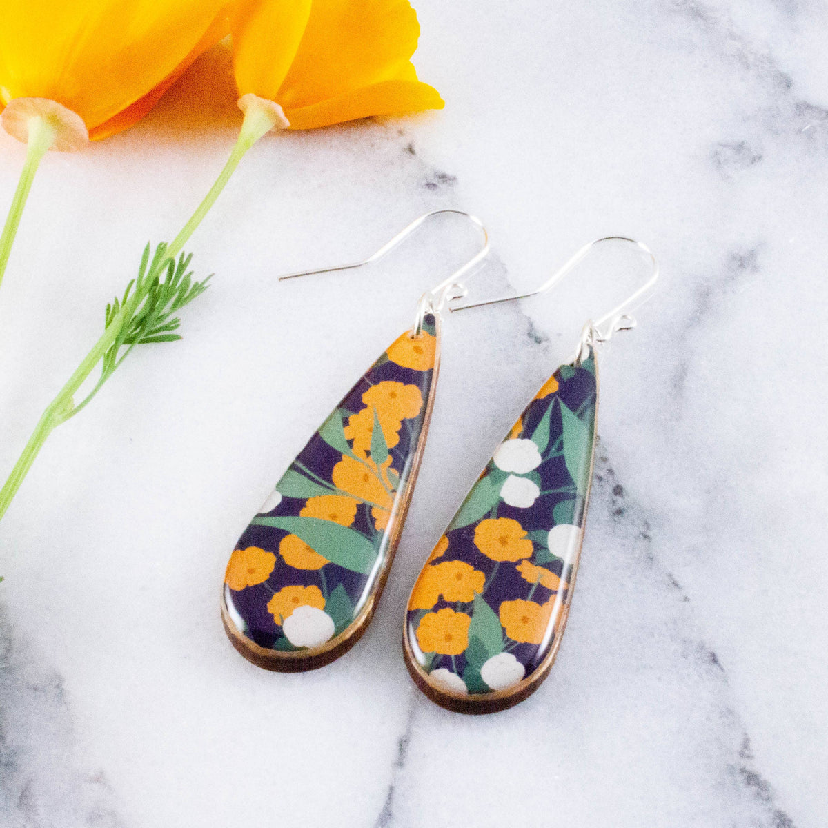 Teardrop Modern California Poppy Earrings