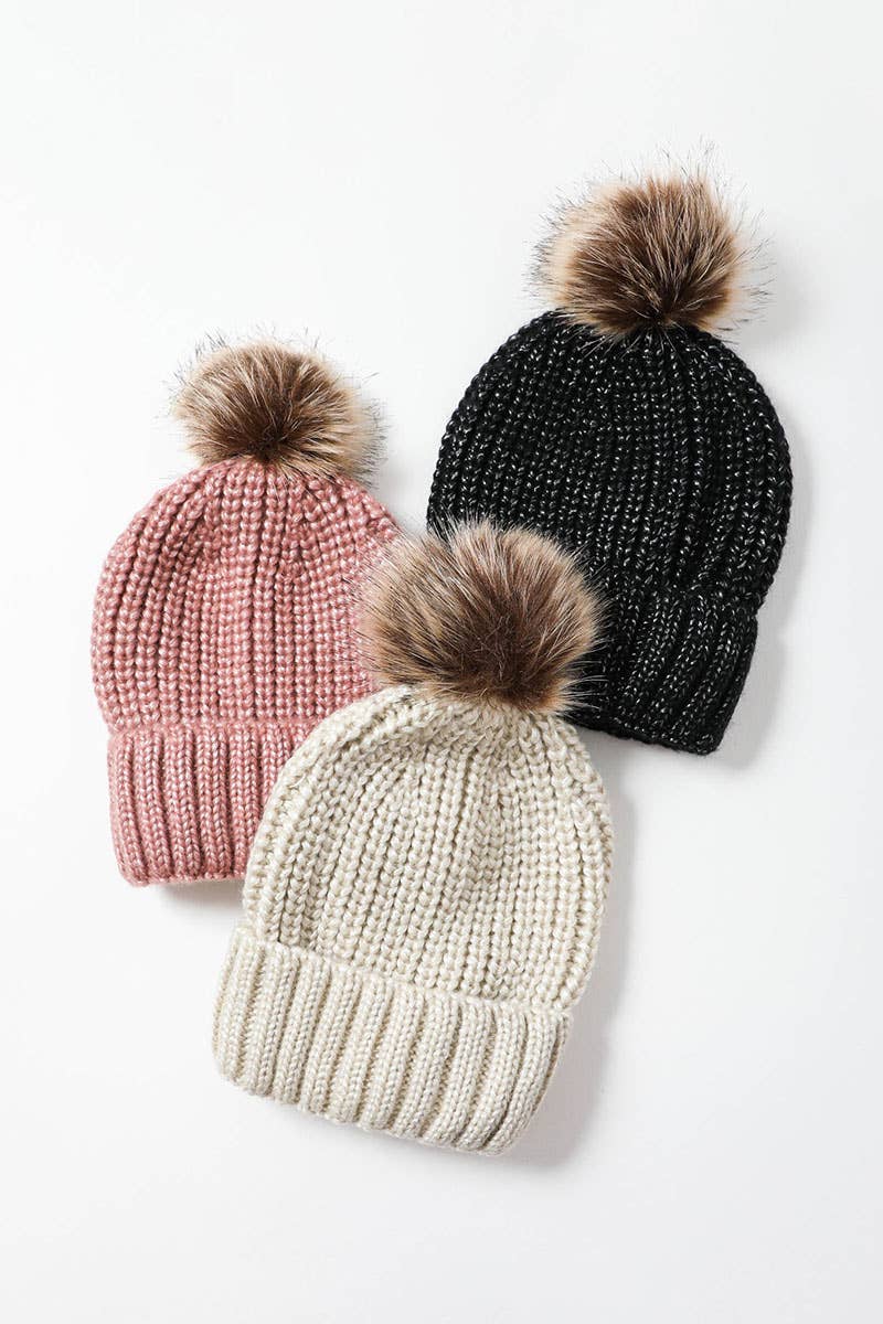 Metallic Cozy Soft Rib Knit Pom Beanie – Fall & Winter Style