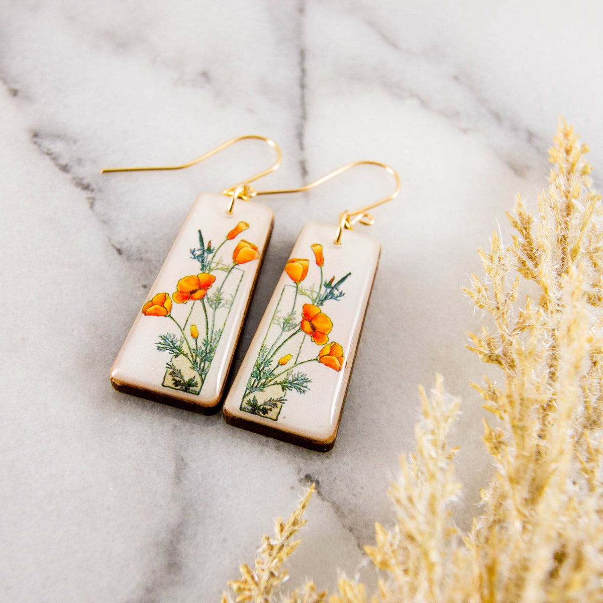 Art Deco California Poppy Floral Tapered Rectangle Earrings