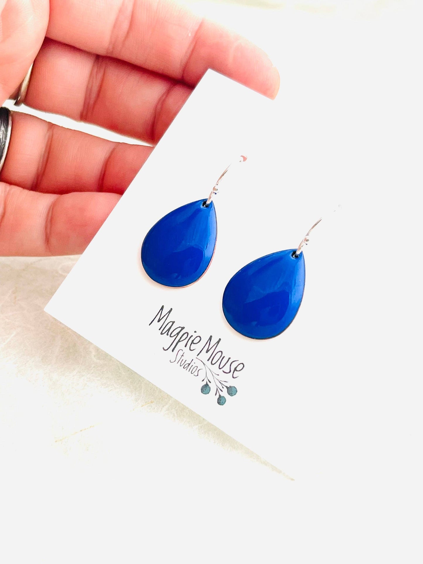 Small Teardrop Earrings, Ultramarine Blue Enamel Minimalist