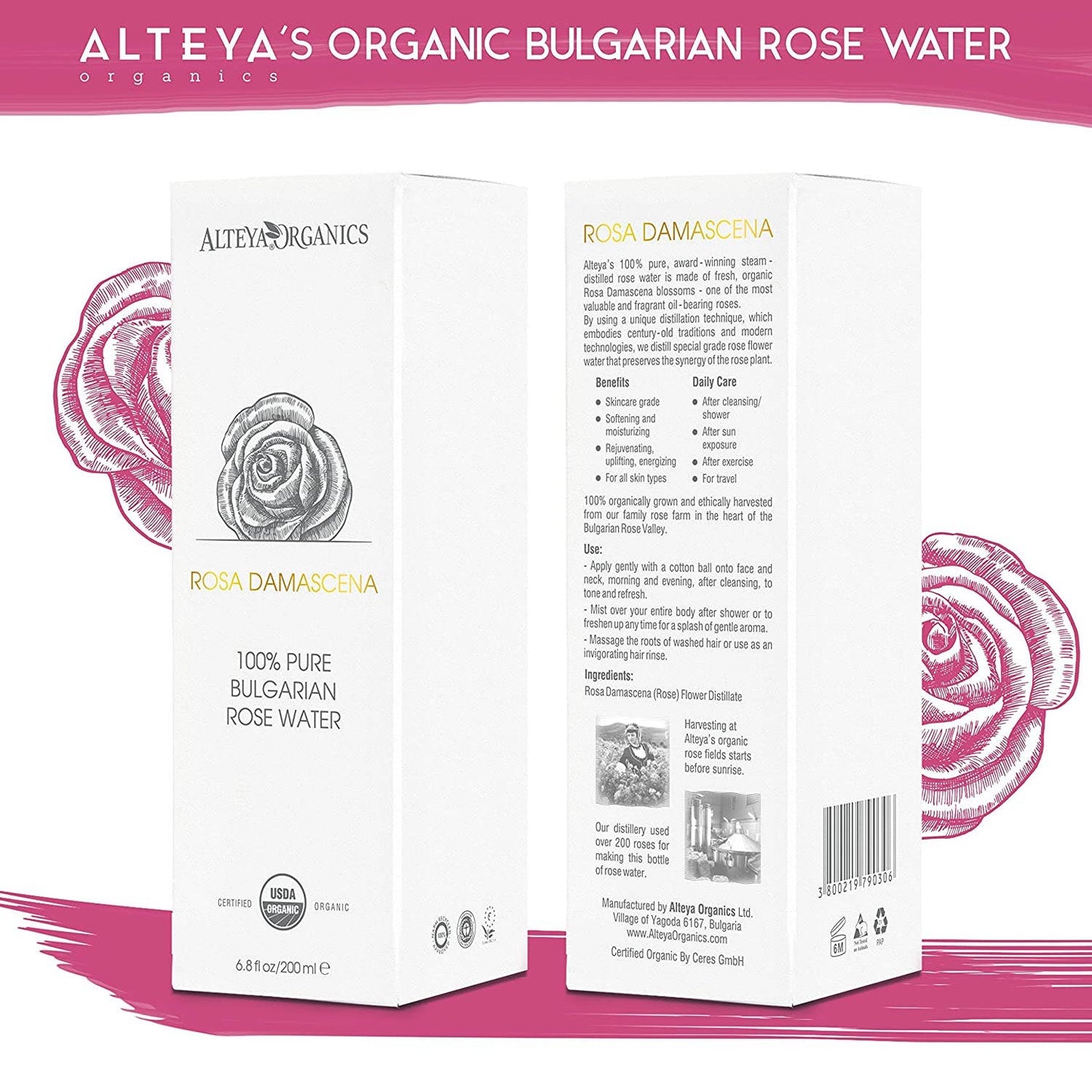Organic Bulgarian Rose Water 200 ml - Violet Glass