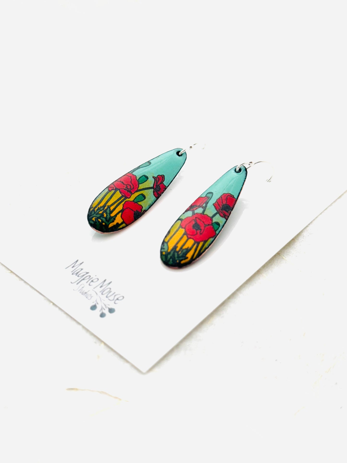 Long Teardrop Poppy Earrings, Mint Green and Yellow Enamel