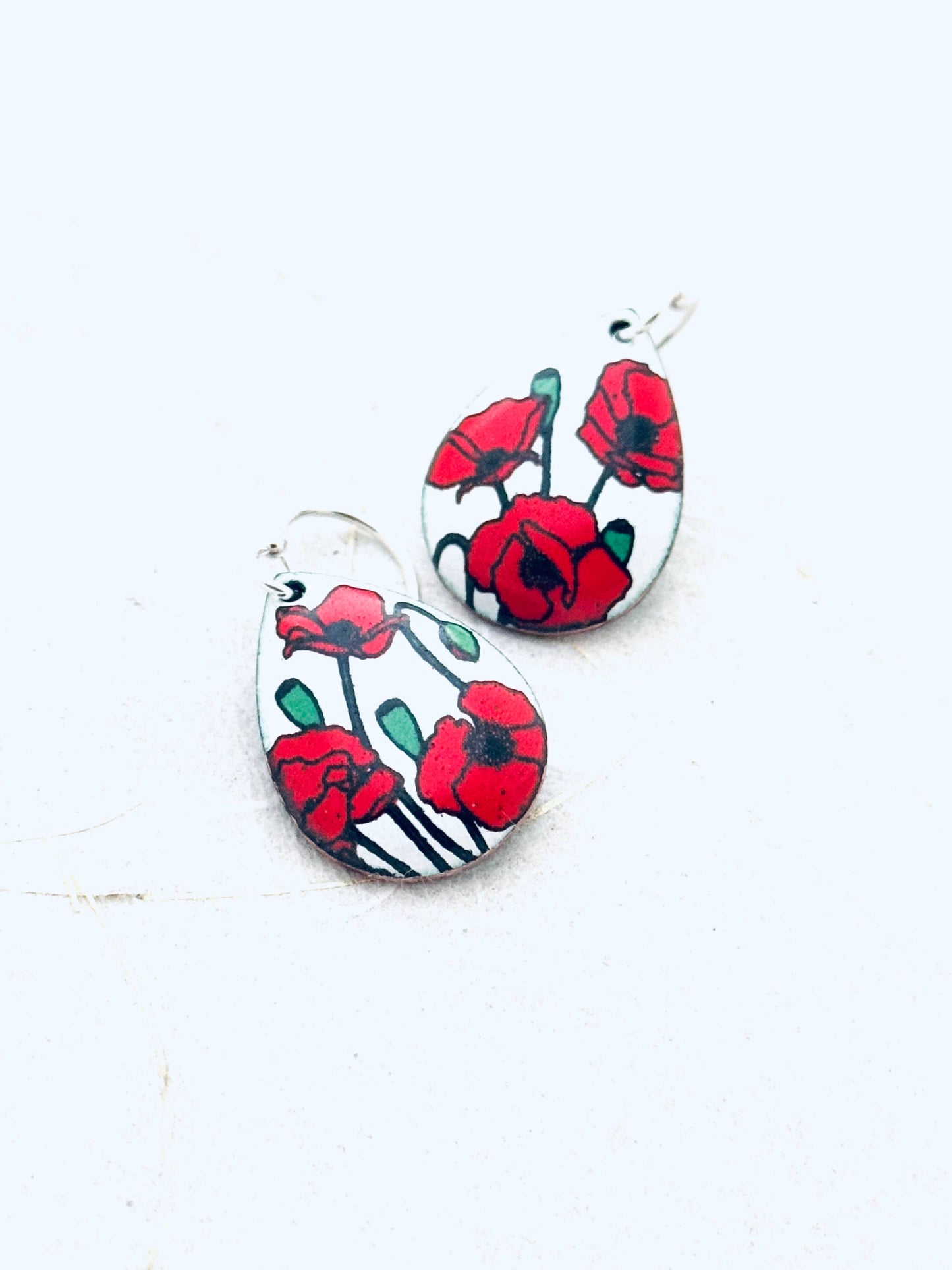 Small Teardrop Poppy Earrings, White Enamel