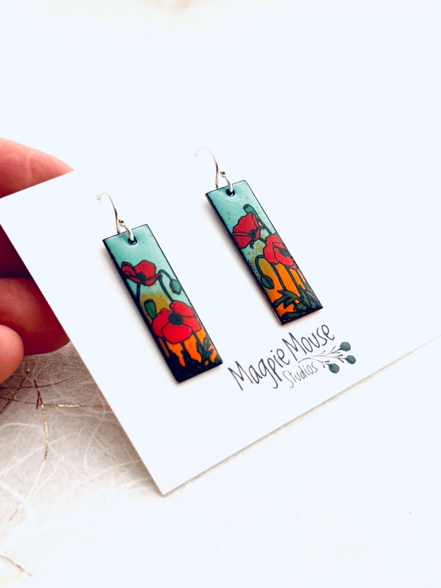 Small Rectangle Poppy Earrings, Mint Green and Orange Enamel