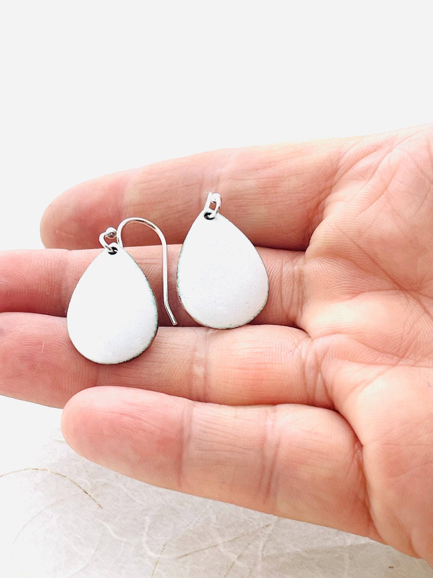 Small Teardrop Earrings, Titanium White Enamel Earrings