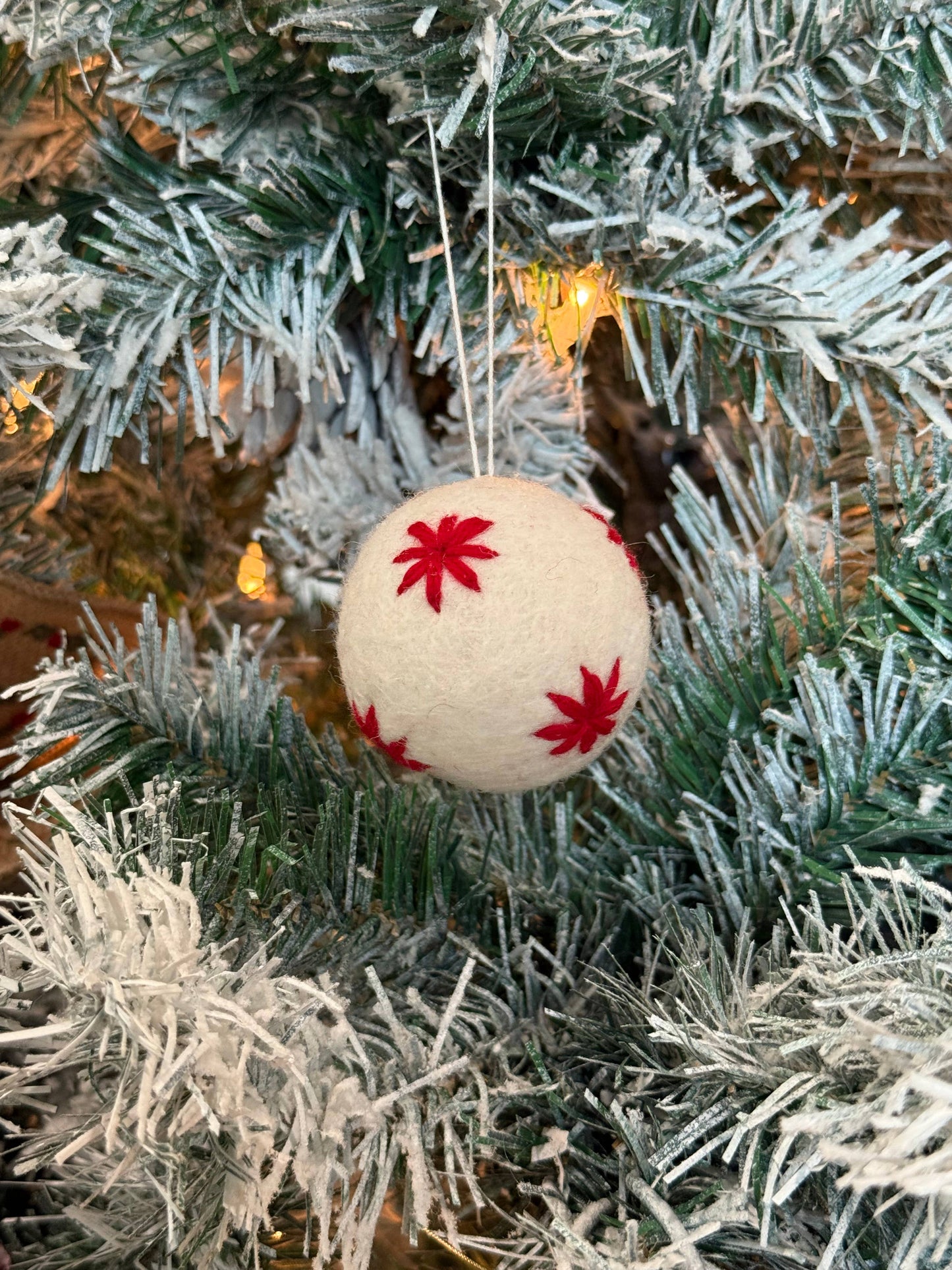 Felt White Ball w/ Red Stars / Handmade Christmas Ornament
