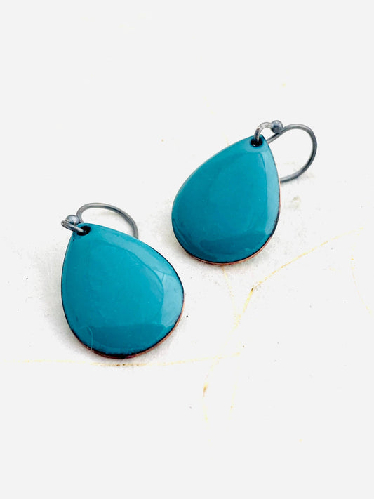 Small Teardrop Earrings, Spruce Green Enamel, Minimalist