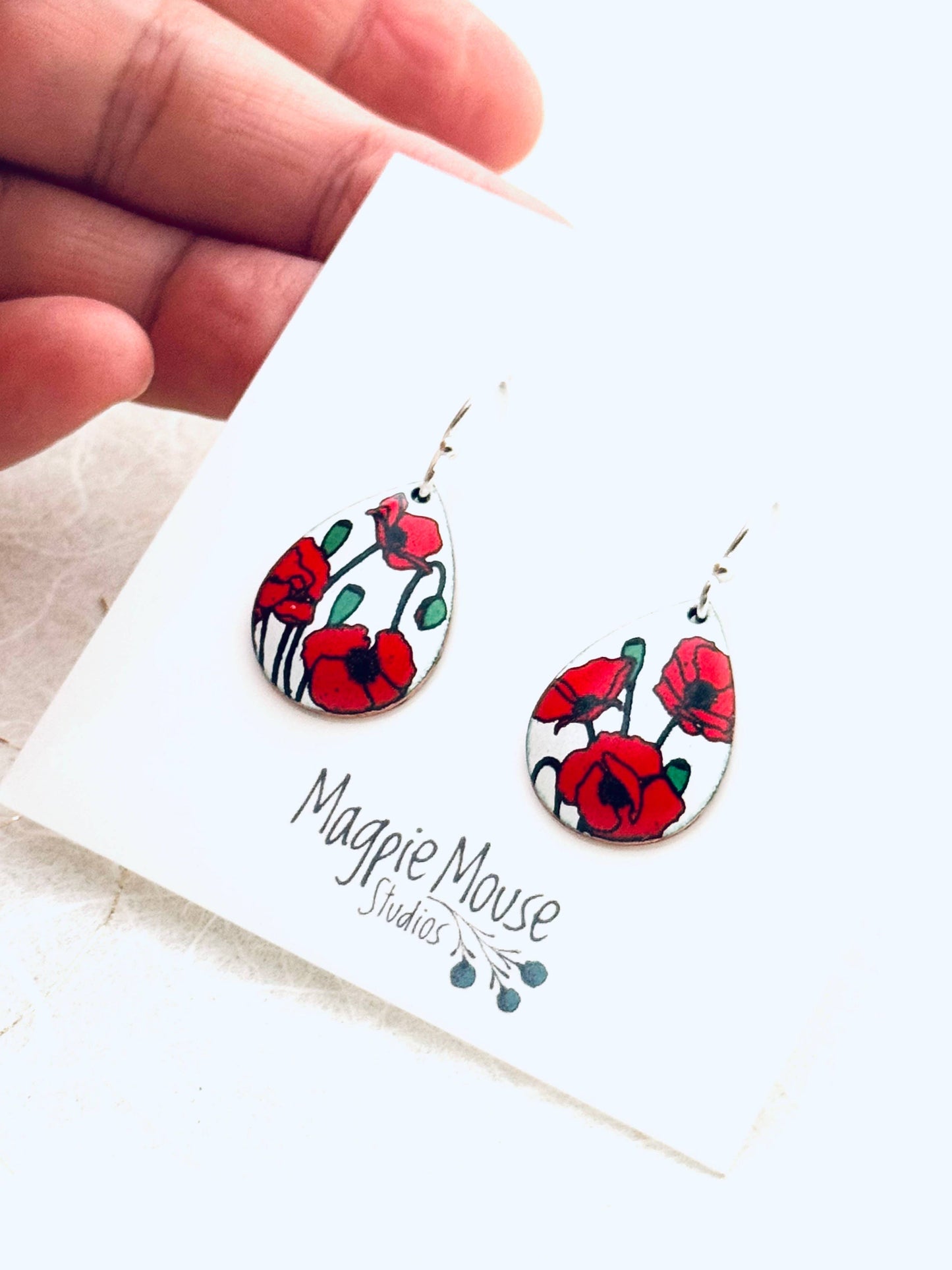 Small Teardrop Poppy Earrings, White Enamel