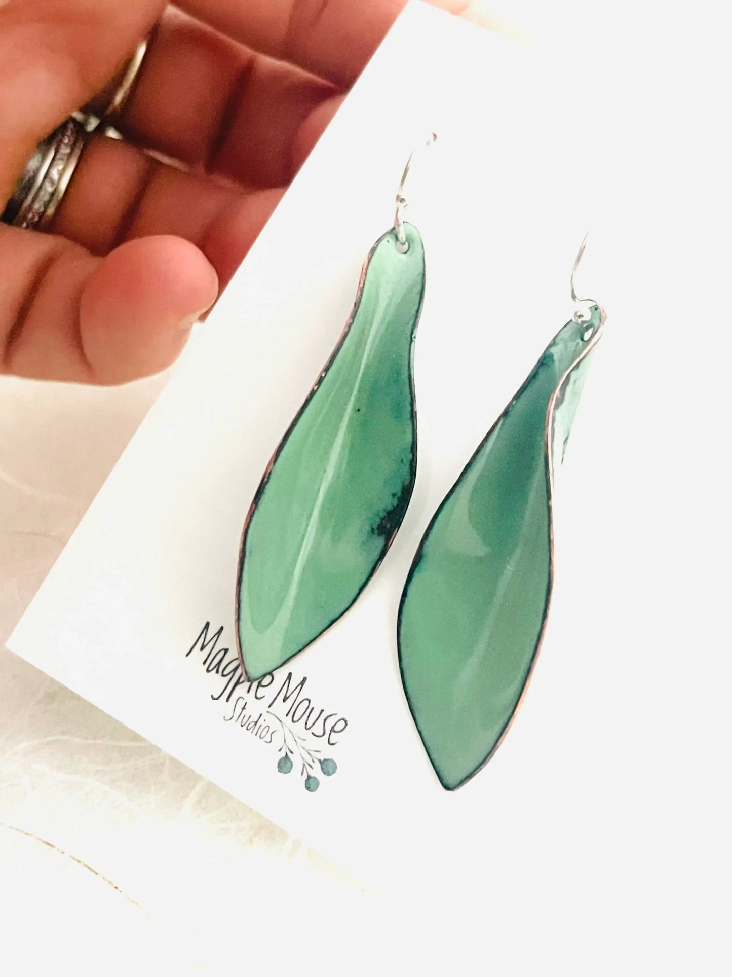 Small Leaf Earrings, Willow Green Enamel