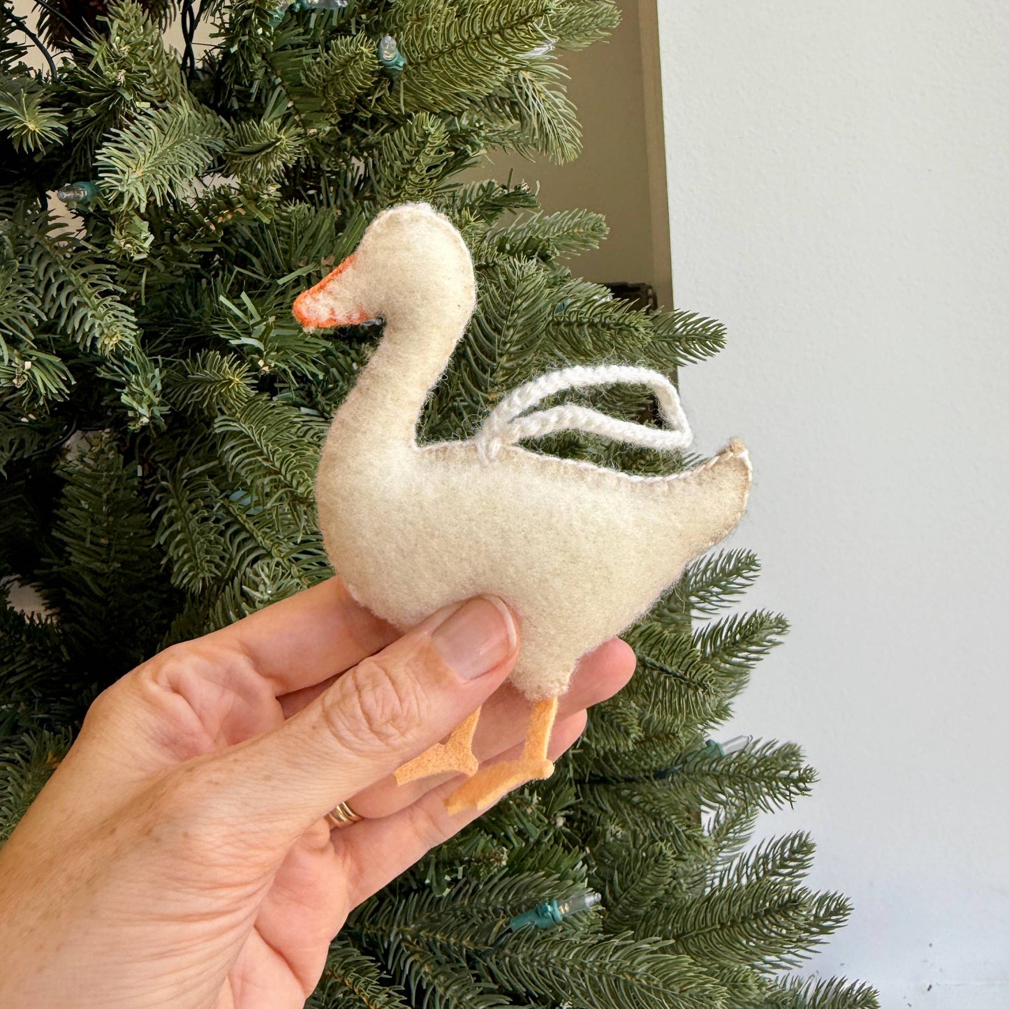 White Goose Embroidered Wool Christmas Ornament
