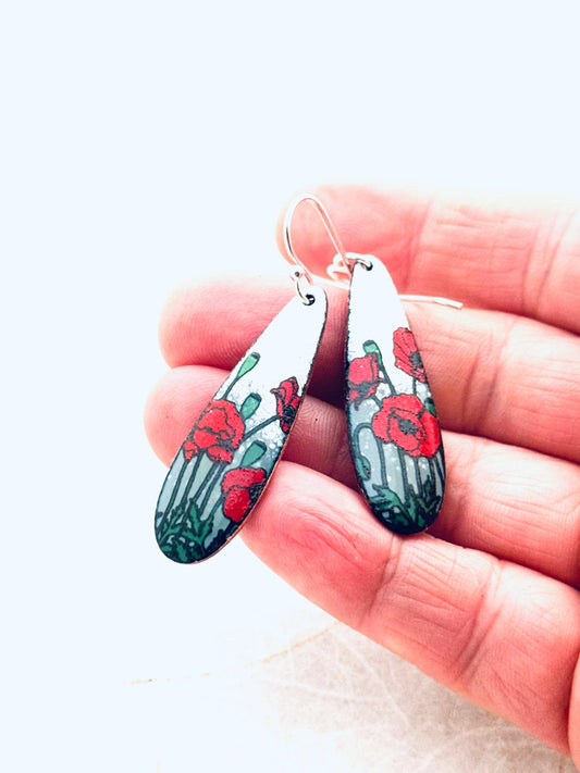 Long Teardrop Poppy Earrings, Grey and White Enamel