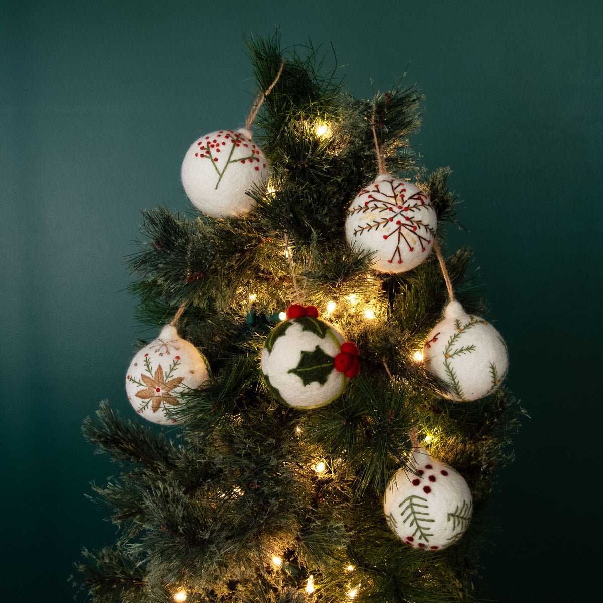 Ornament - Holiday Felt Ball Hand Embroidered