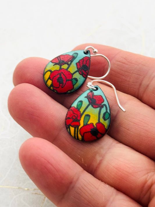 Small Teardrop Poppy Earrings, Mint Green and Yellow Enamel