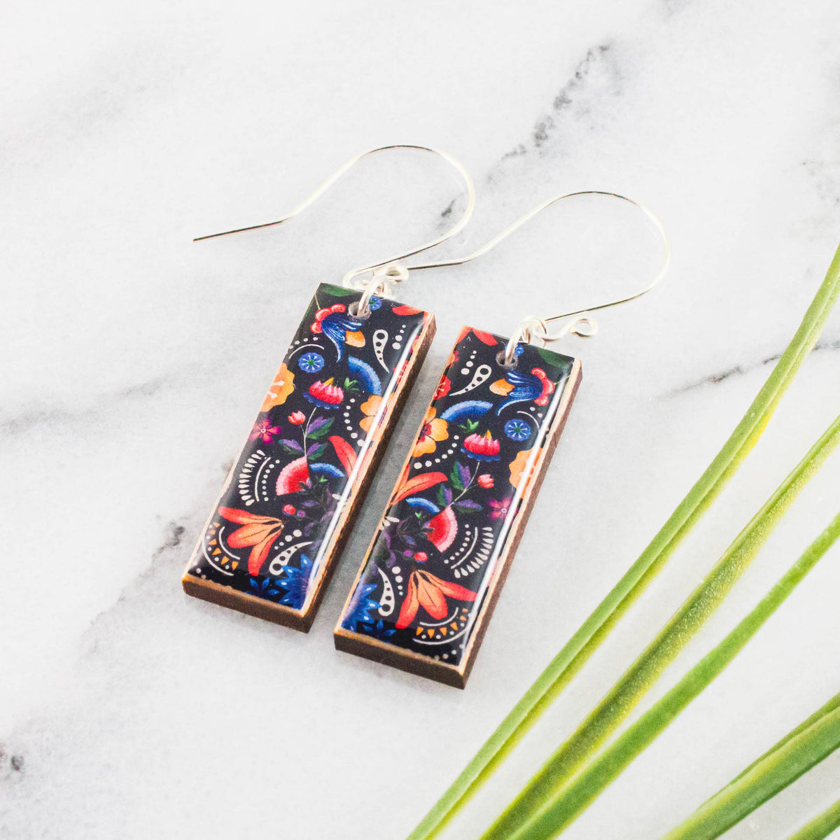 Mexican Folk Flowers Rectangle Earrings