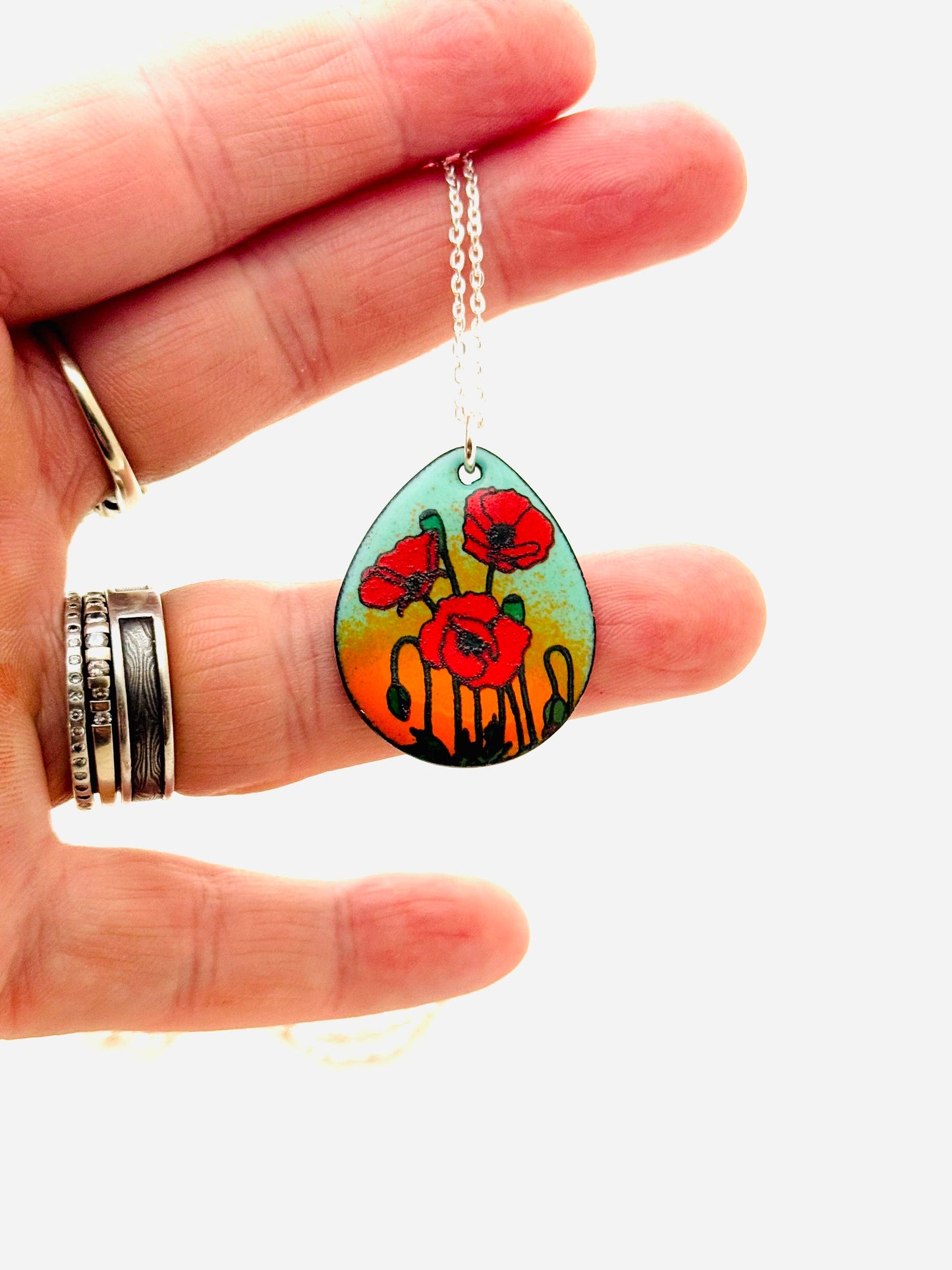 Poppy Pendant Necklace, Mint Green and Orange Enamel