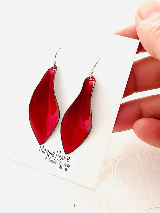 Small Leaf Earrings, Flame Red Enamel