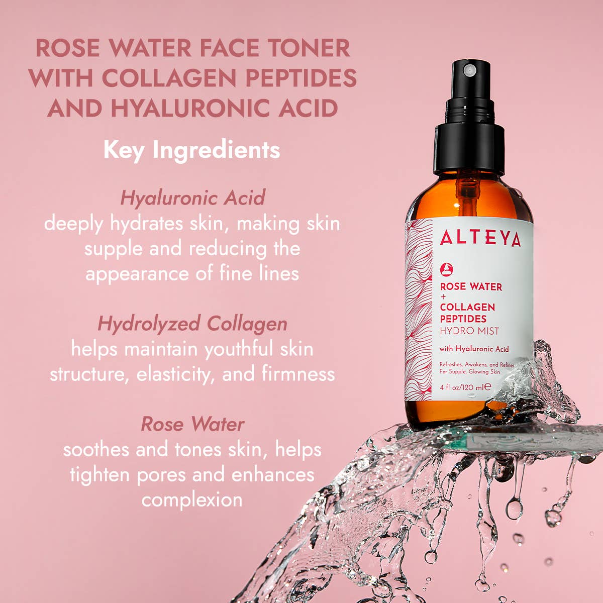 Rose Water Hydro Mist - Collagen Peptides & Hyaluronic Acid