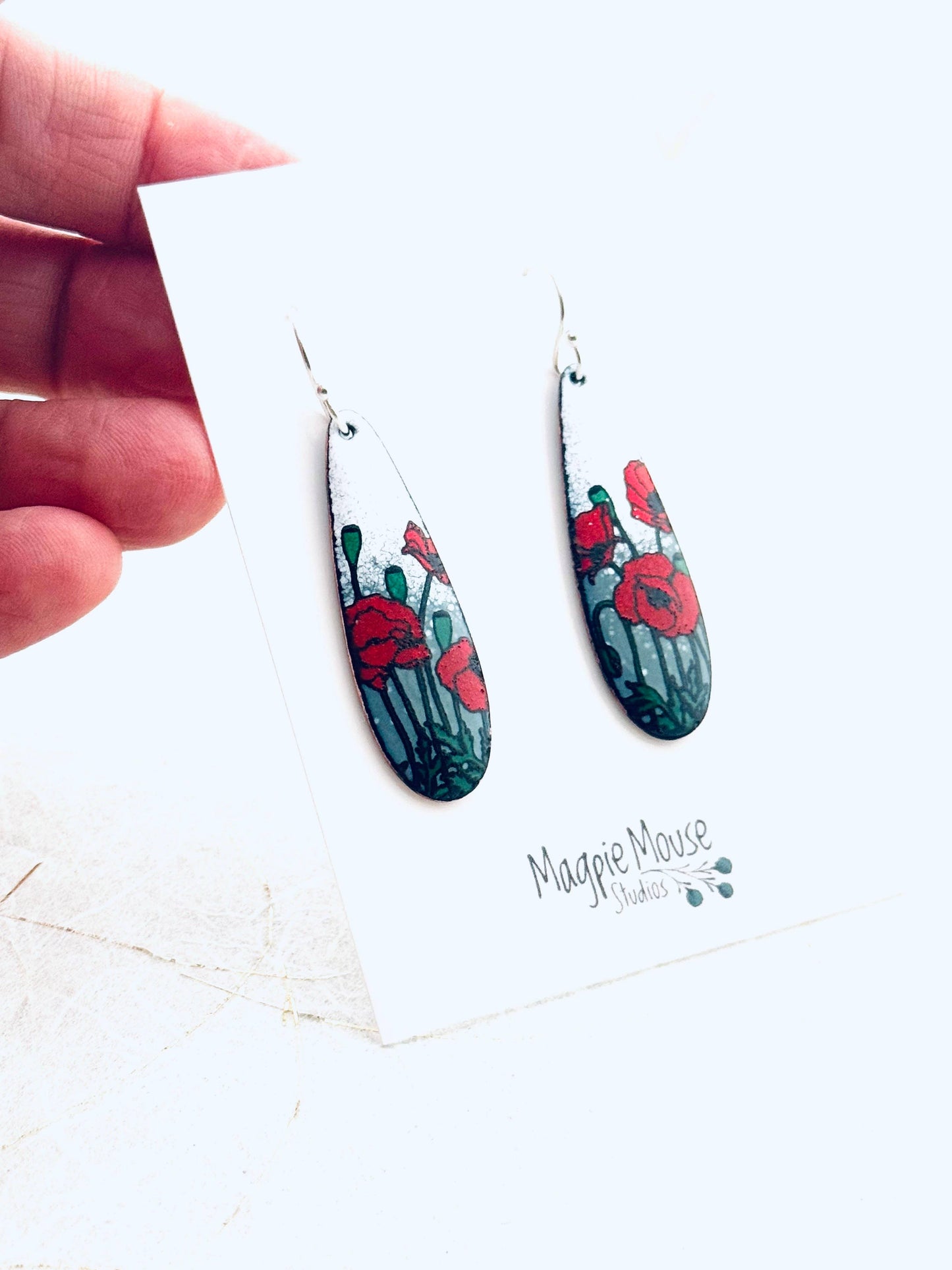 Long Teardrop Poppy Earrings, Grey and White Enamel