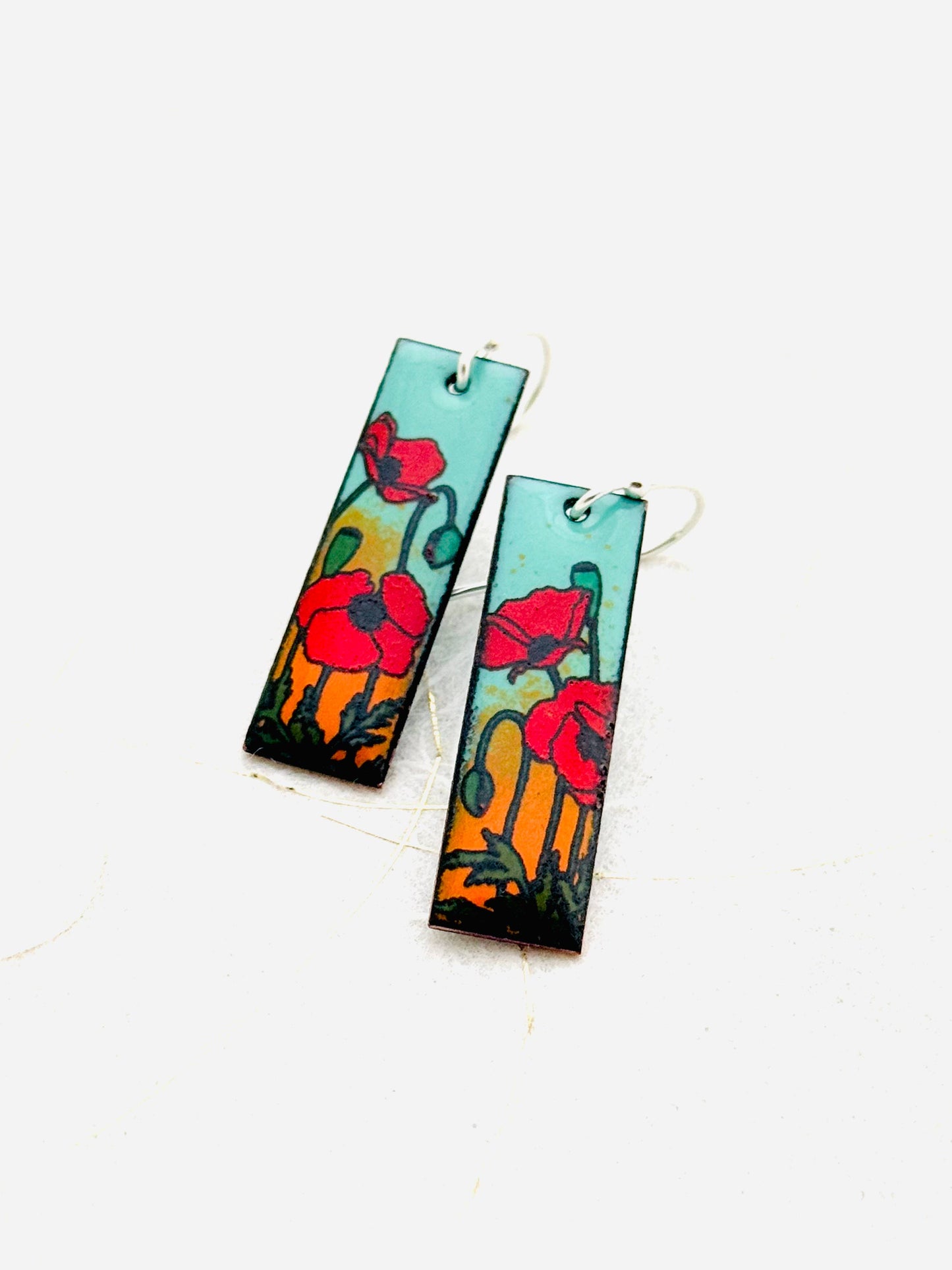 Small Rectangle Poppy Earrings, Mint Green and Orange Enamel