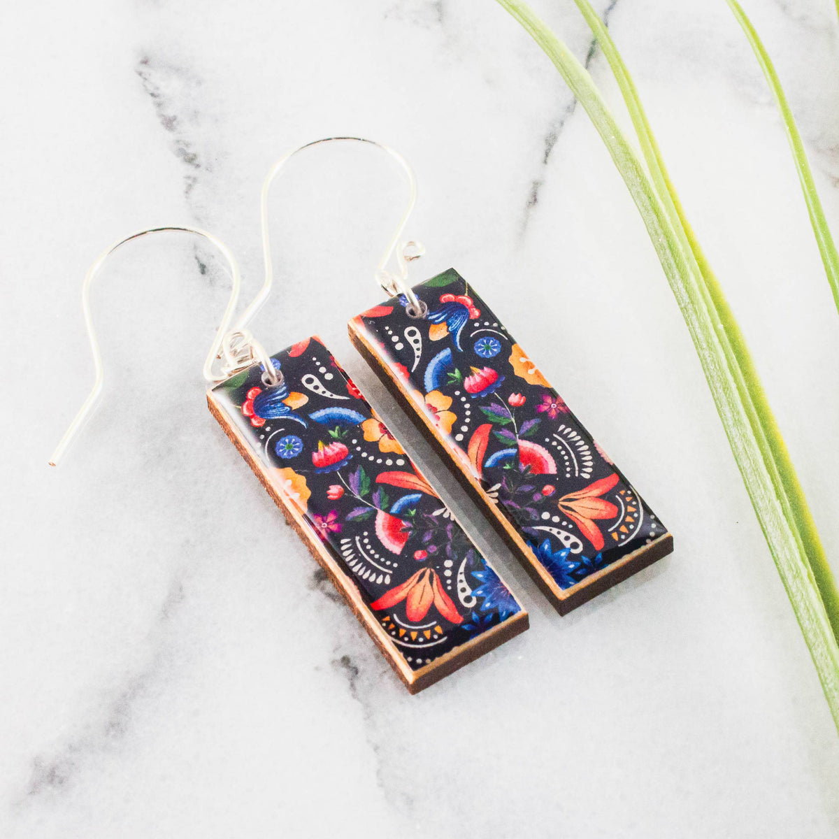 Mexican Folk Flowers Rectangle Earrings