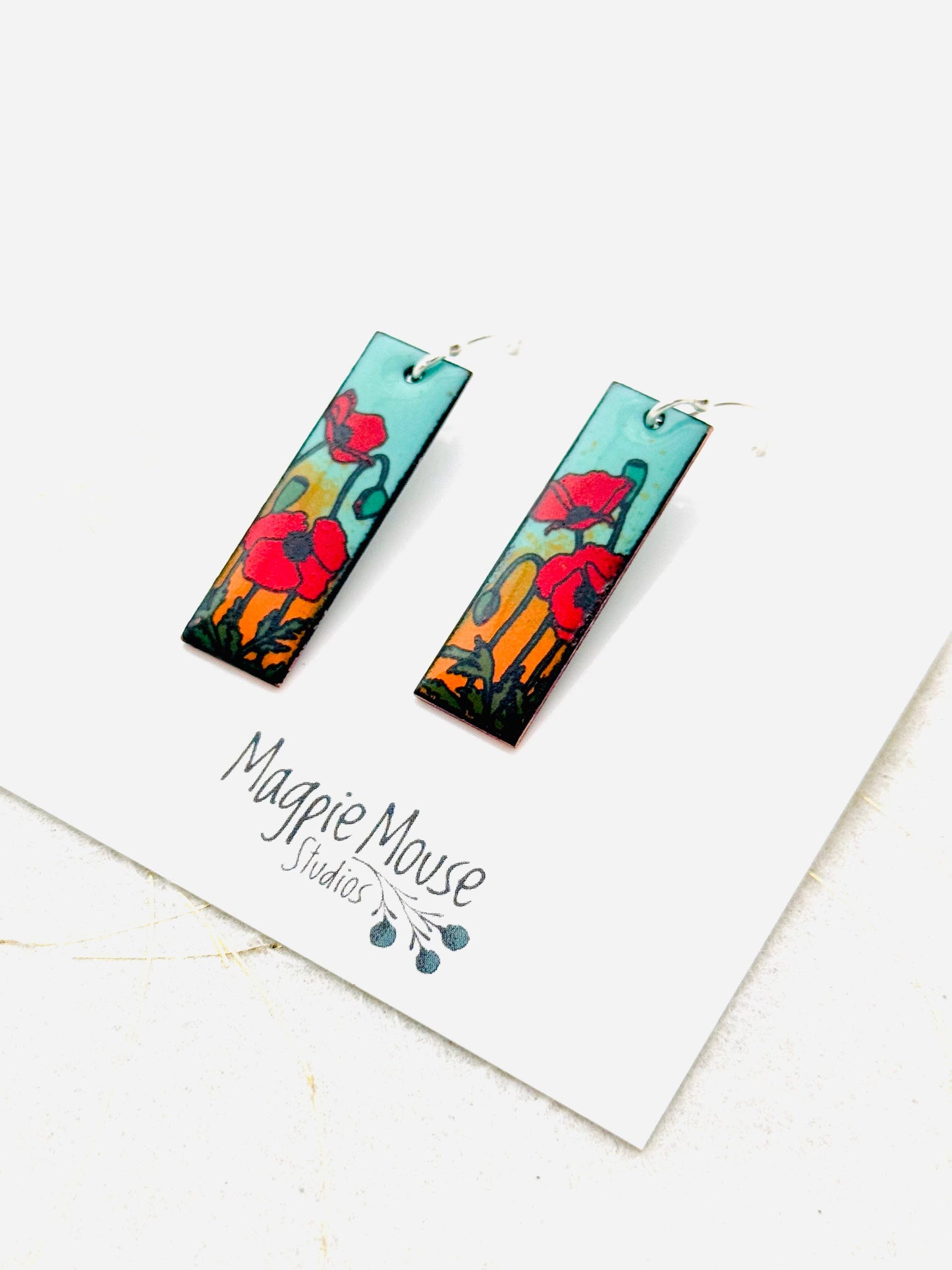 Small Rectangle Poppy Earrings, Mint Green and Orange Enamel