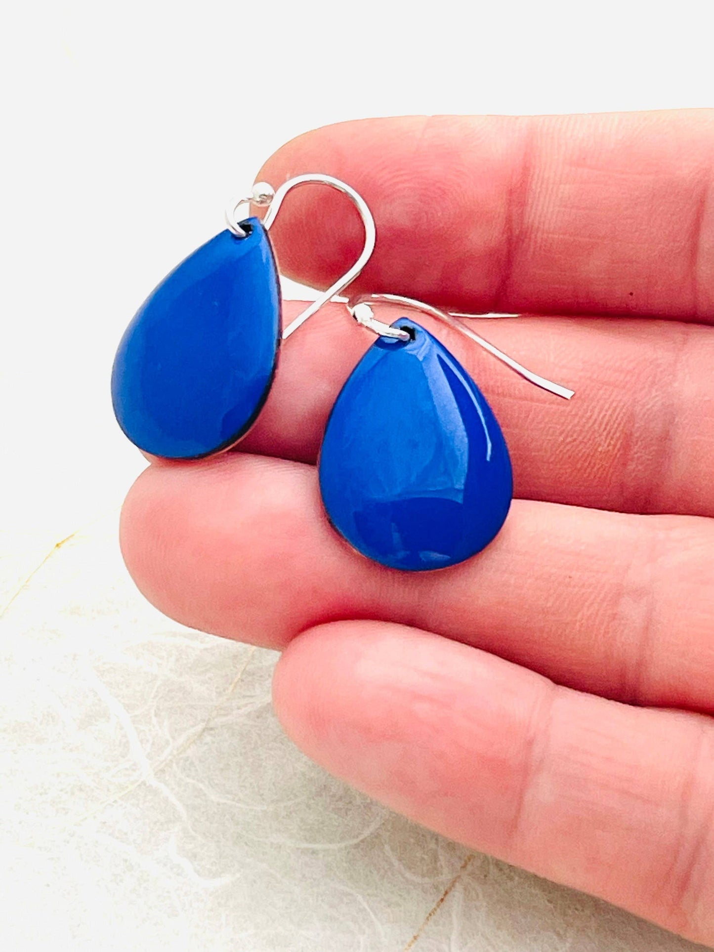 Small Teardrop Earrings, Ultramarine Blue Enamel Minimalist