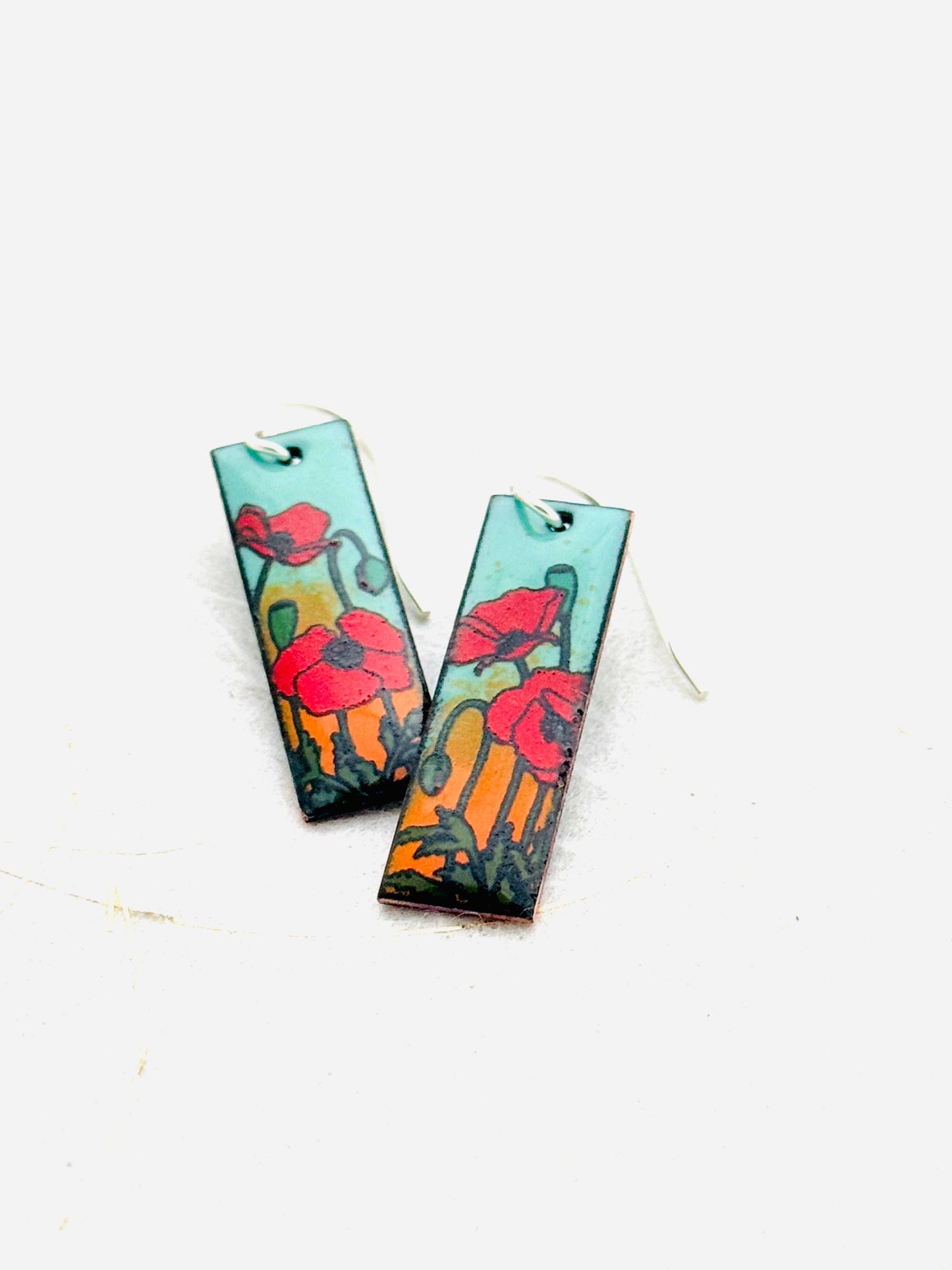 Small Rectangle Poppy Earrings, Mint Green and Orange Enamel