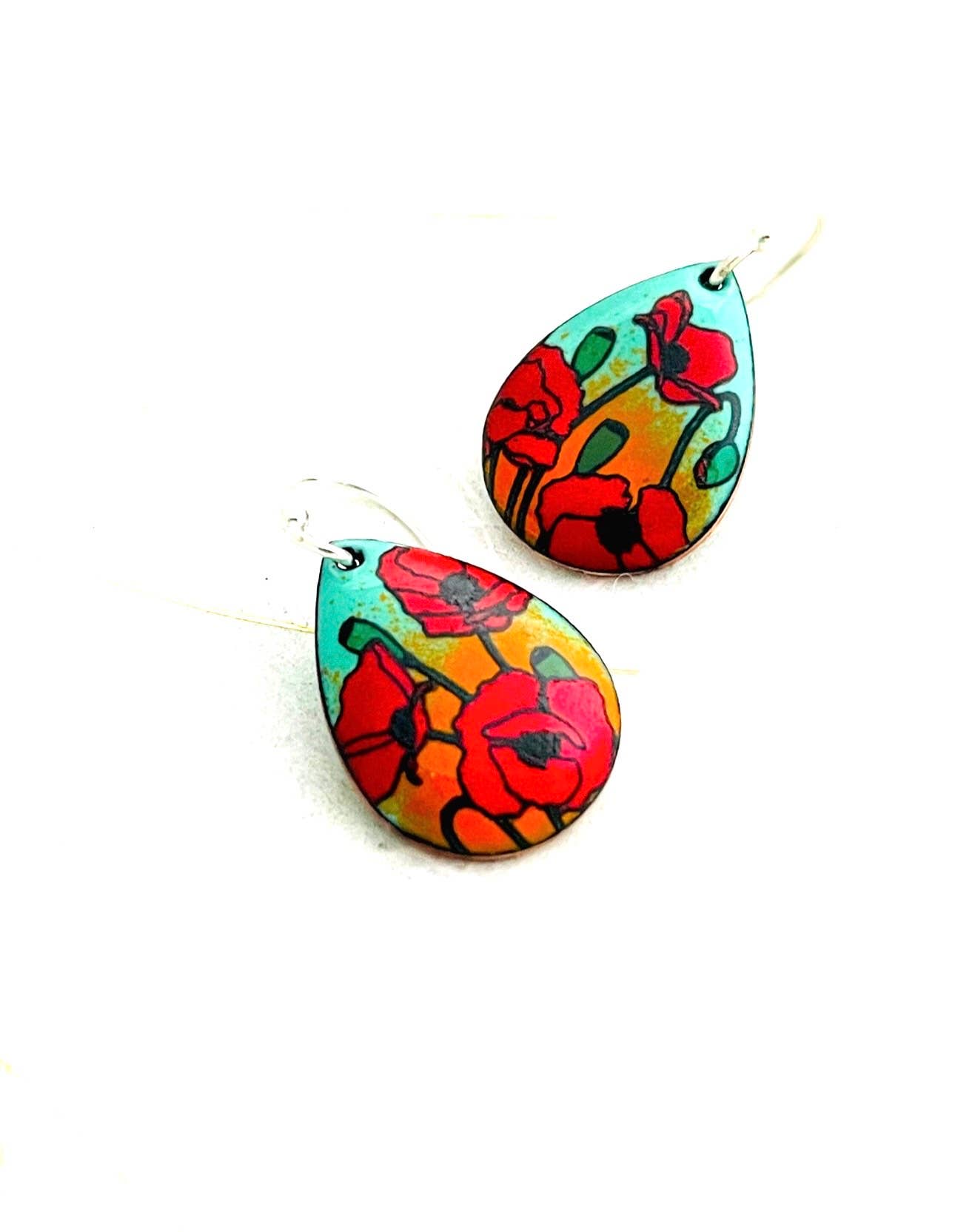 Small Teardrop Poppy Earrings, Mint Green and Orange Enamel