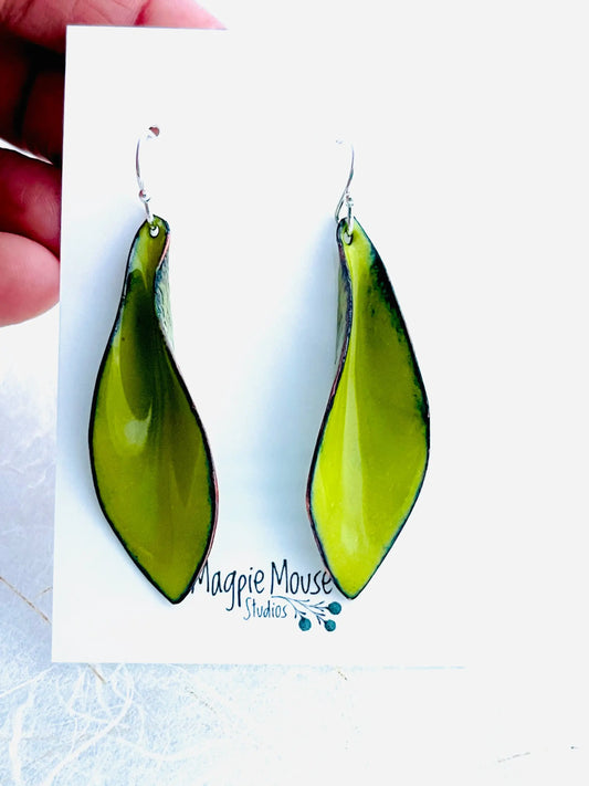 Small Leaf Earrings, Chartreuse Green Enamel