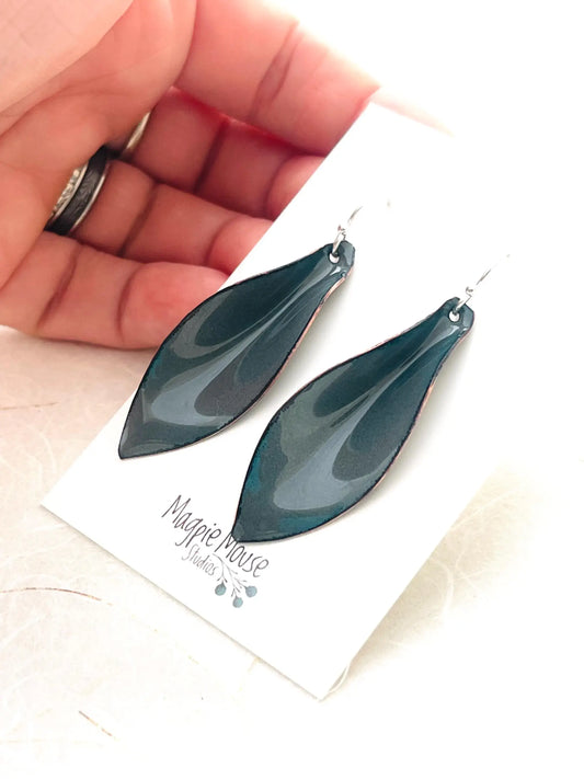 Small Leaf Earrings, Dark Gray Enamel