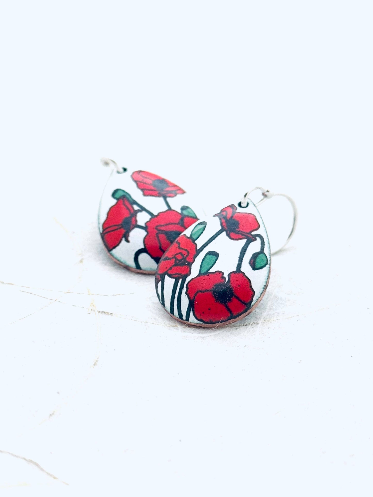 Small Teardrop Poppy Earrings, White Enamel