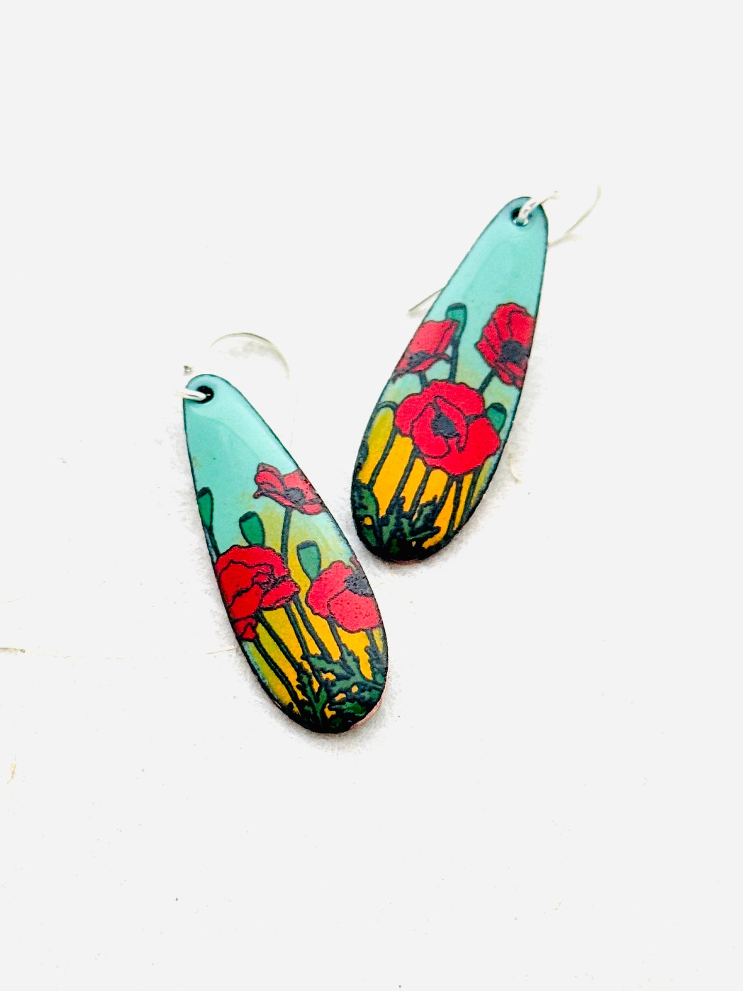 Long Teardrop Poppy Earrings, Mint Green and Yellow Enamel