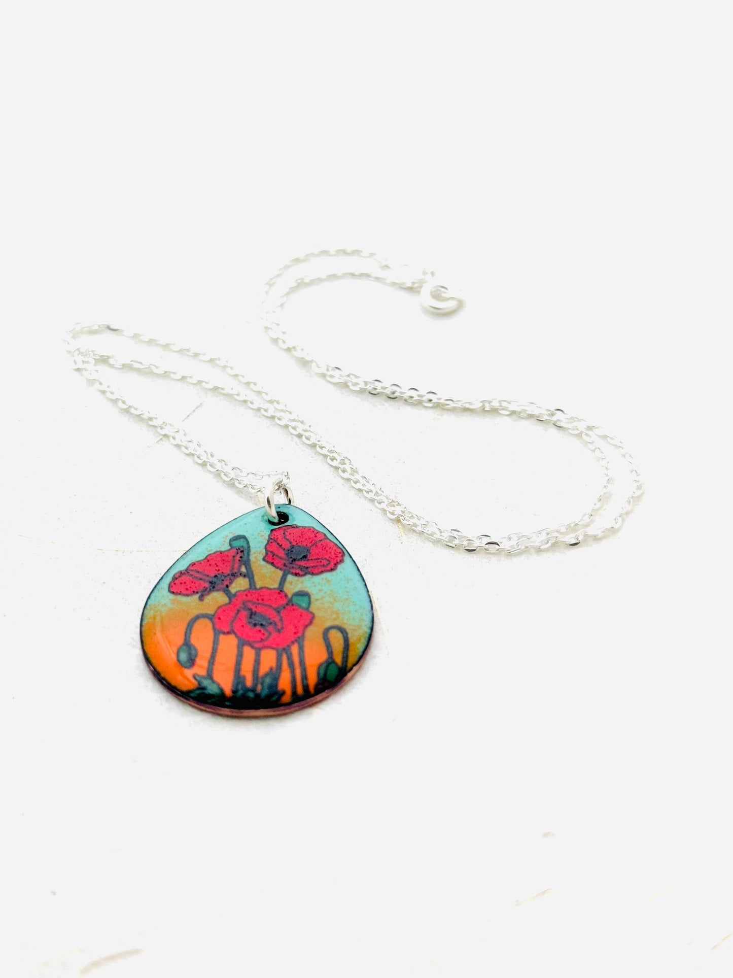 Poppy Pendant Necklace, Mint Green and Orange Enamel