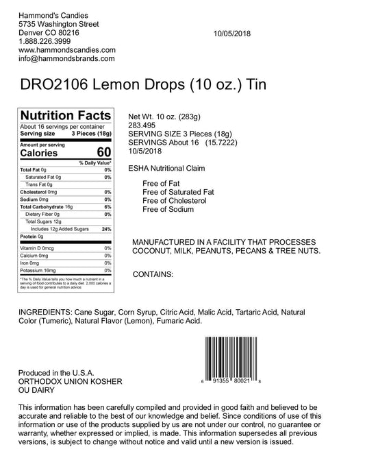Old-Fashioned Pantry Candy - Natural Lemon Drops - 10 oz Tin