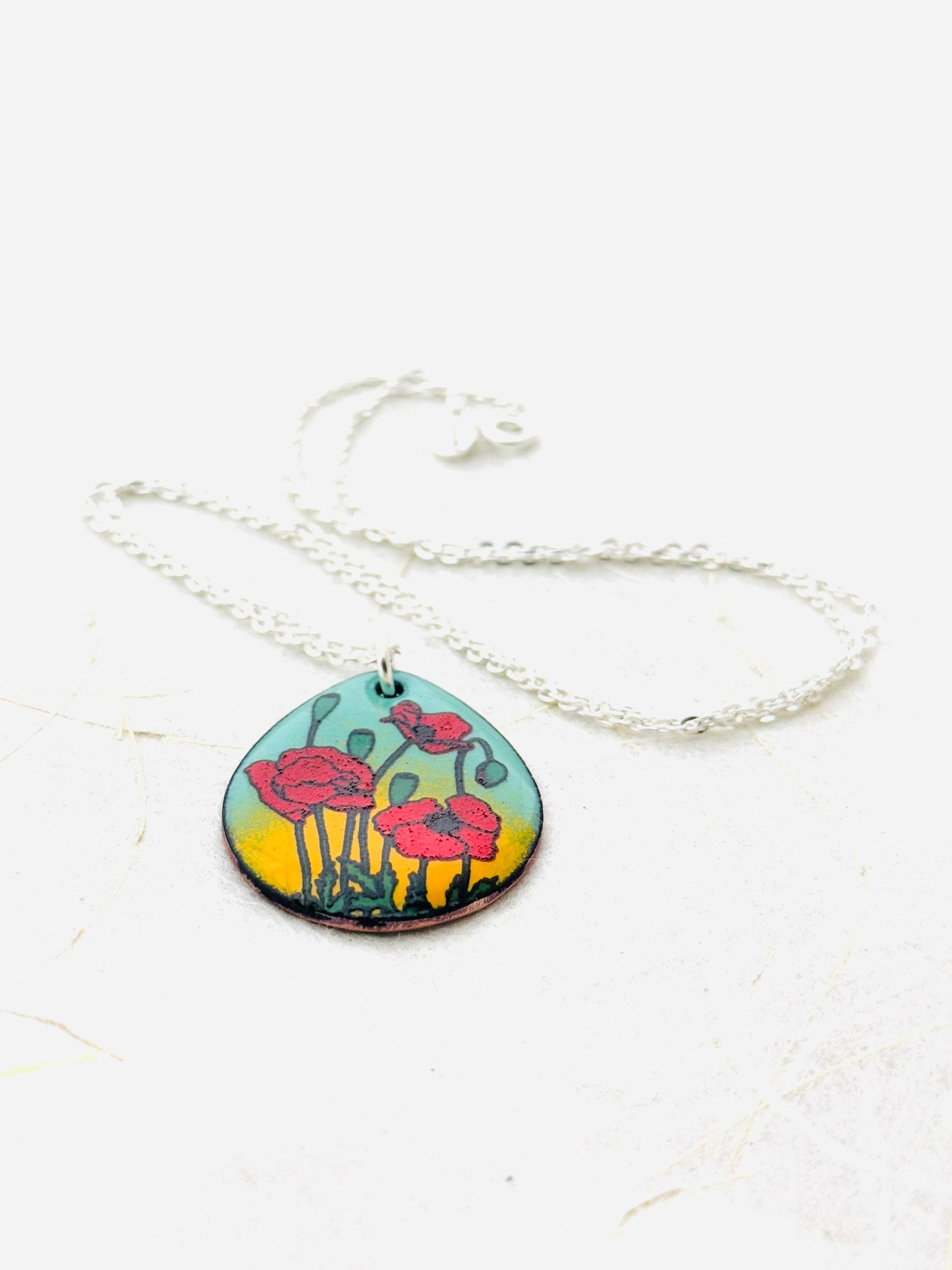 Poppy Pendant Necklace, Mint Green and Yellow Enamel