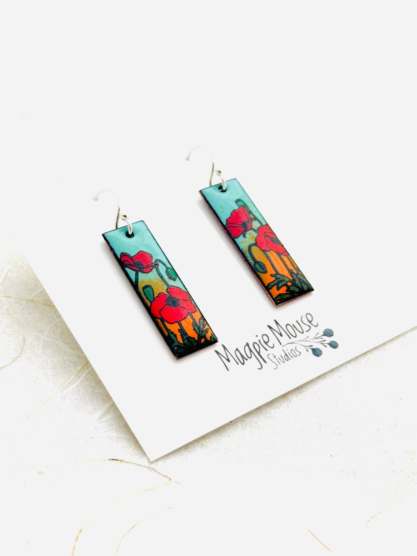 Small Rectangle Poppy Earrings, Mint Green and Orange Enamel