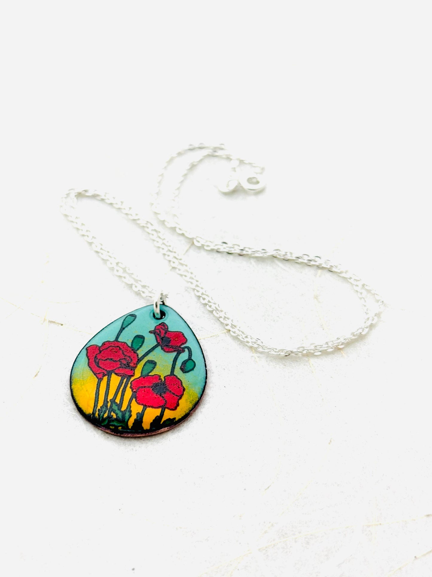 Poppy Pendant Necklace, Mint Green and Yellow Enamel