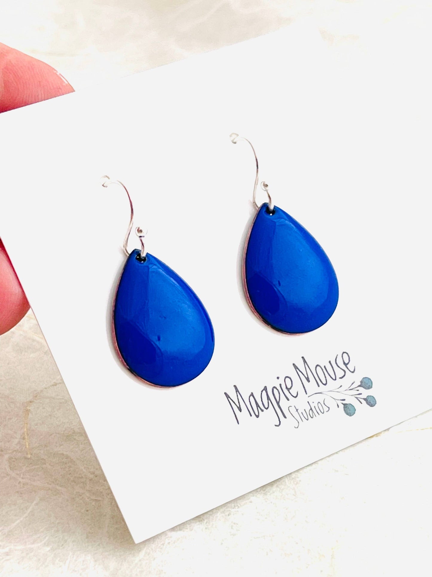 Small Teardrop Earrings, Ultramarine Blue Enamel Minimalist