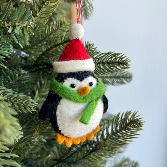 Penguin with Red Hat Felt Wool Christmas Ornament