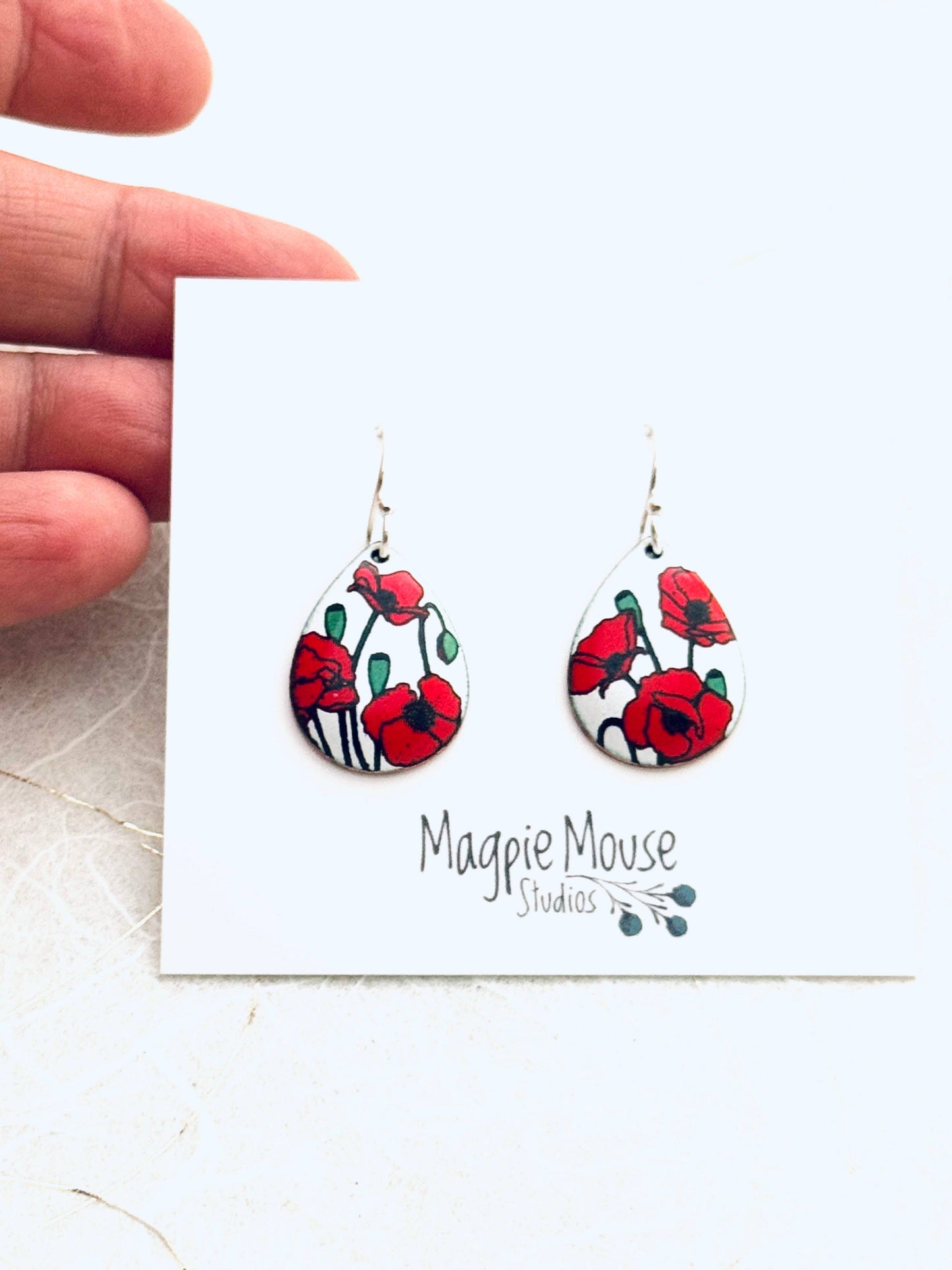 Small Teardrop Poppy Earrings, White Enamel