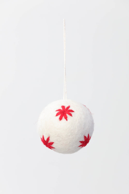 Felt White Ball w/ Red Stars / Handmade Christmas Ornament