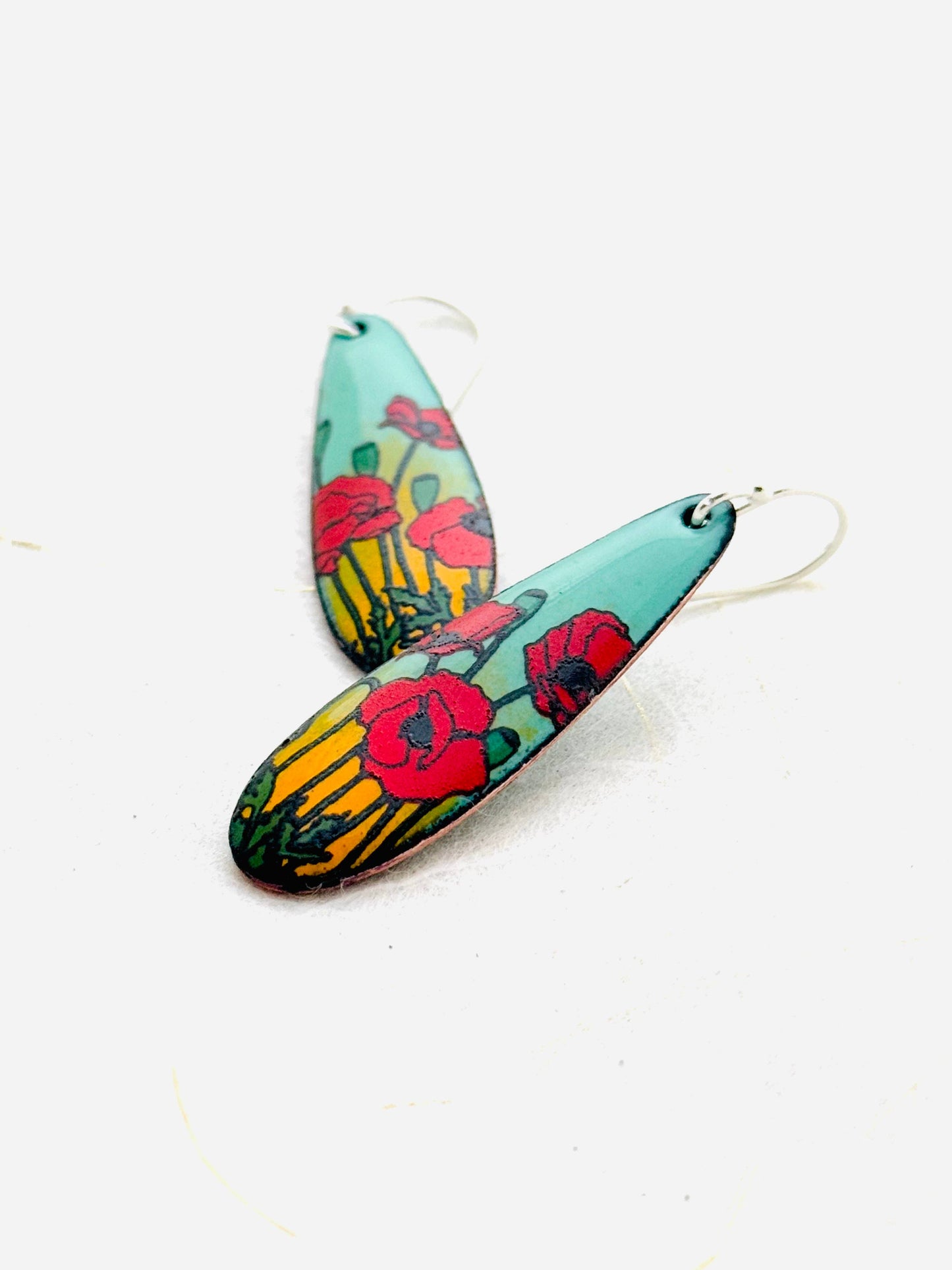 Long Teardrop Poppy Earrings, Mint Green and Yellow Enamel