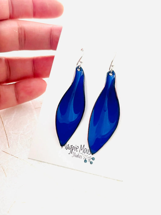 Small Leaf Earrings, Ultramarine Blue Enamel