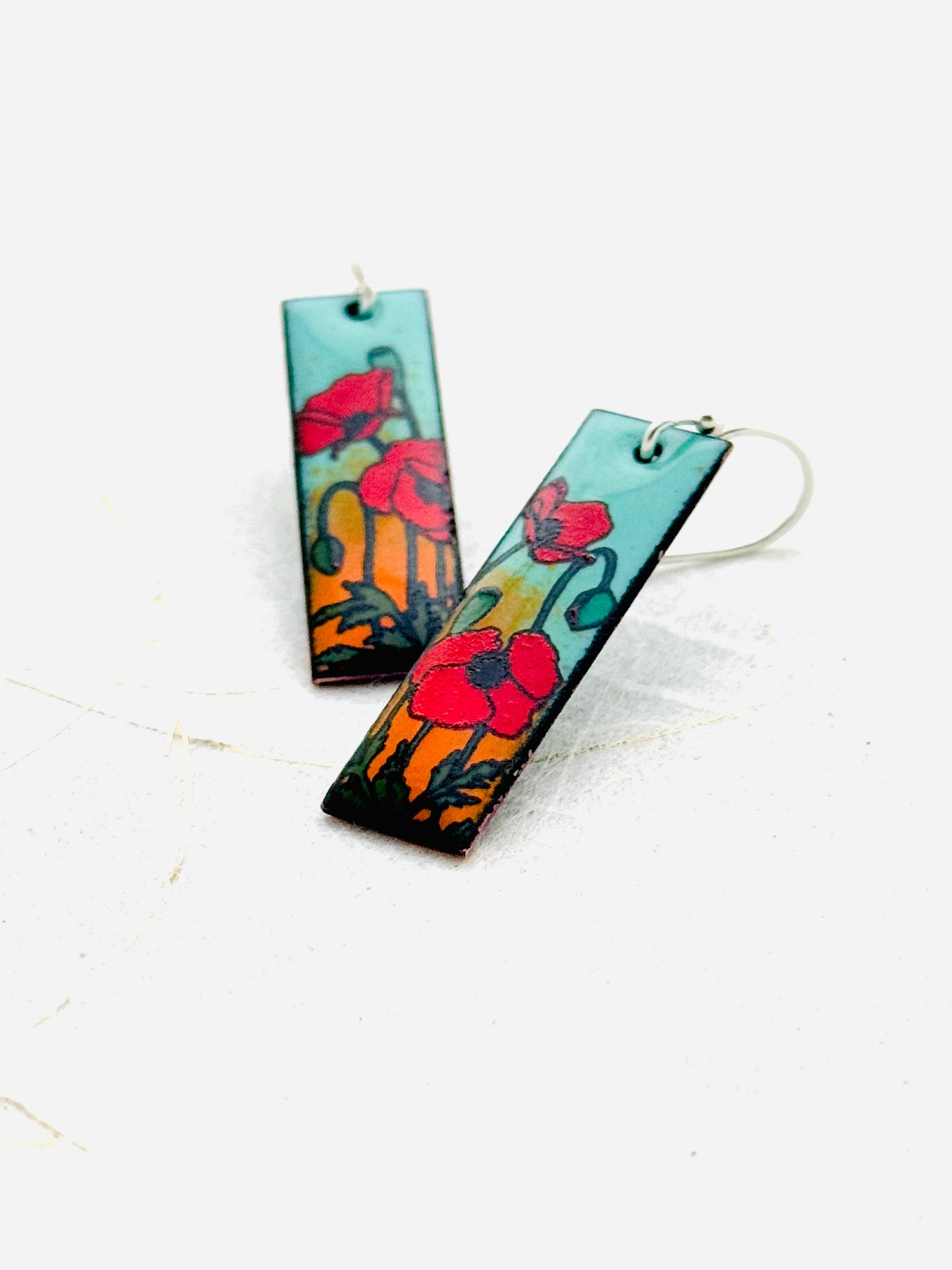 Small Rectangle Poppy Earrings, Mint Green and Orange Enamel