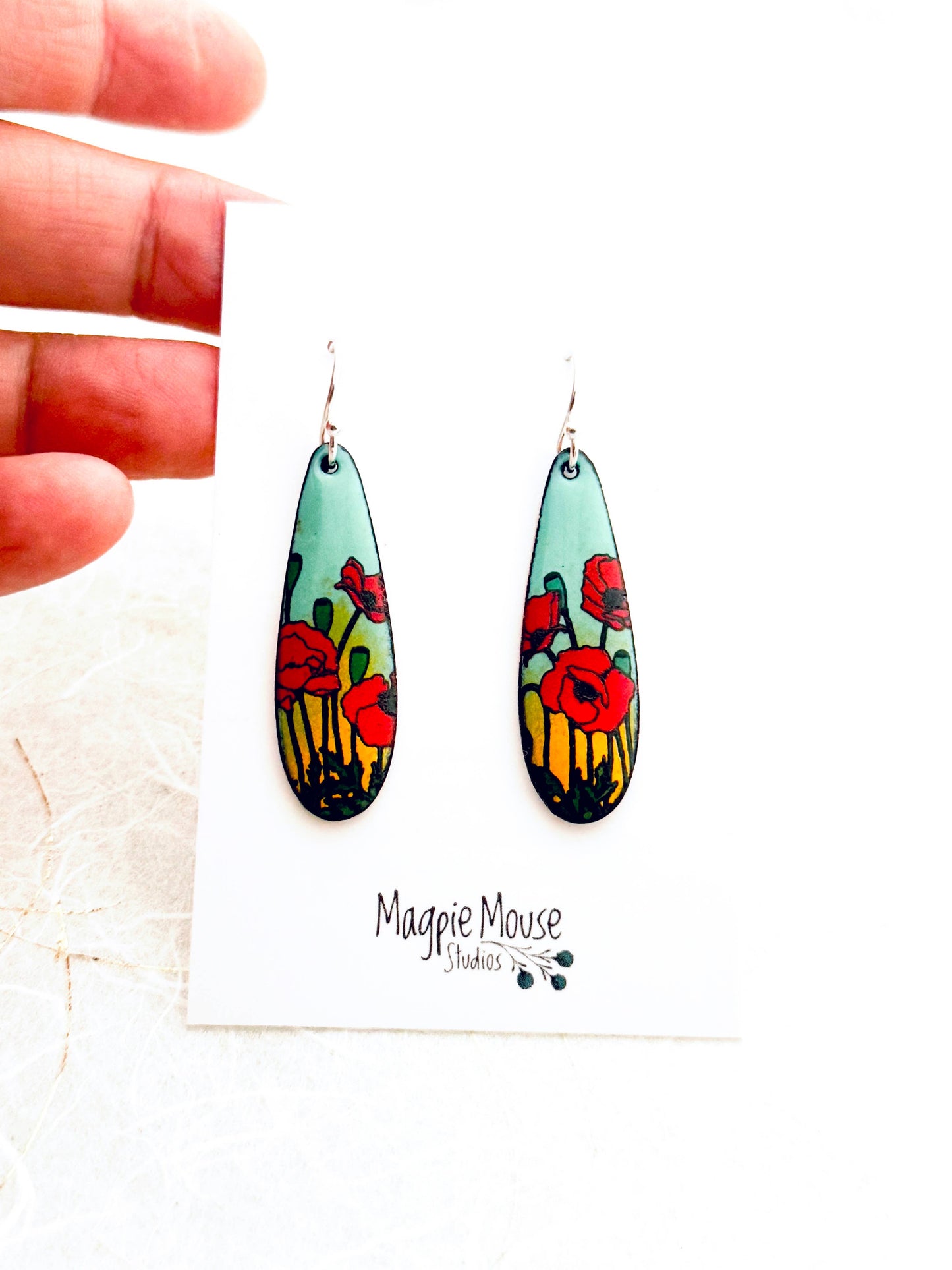 Long Teardrop Poppy Earrings, Mint Green and Yellow Enamel