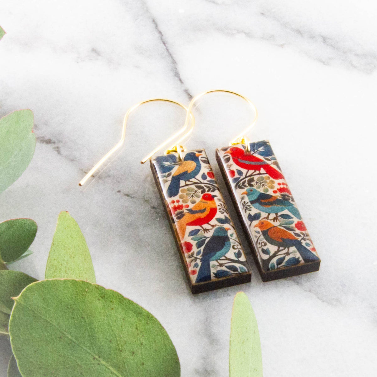 Scandi Autumn Birds Rectangle Earrings
