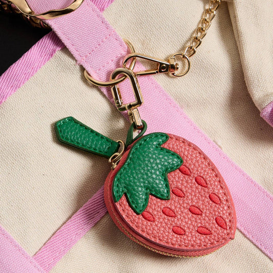 Strawberry-Inspired Leather Accessory Pouch with Keychain Clip