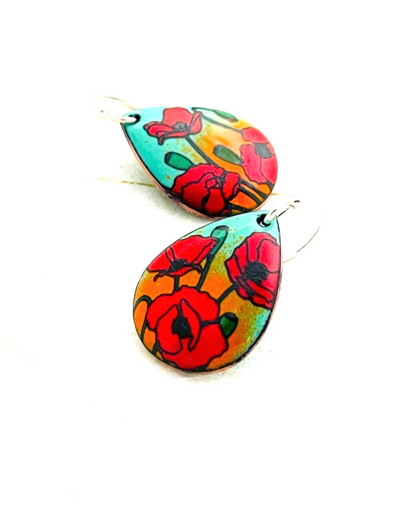 Small Teardrop Poppy Earrings, Mint Green and Orange Enamel